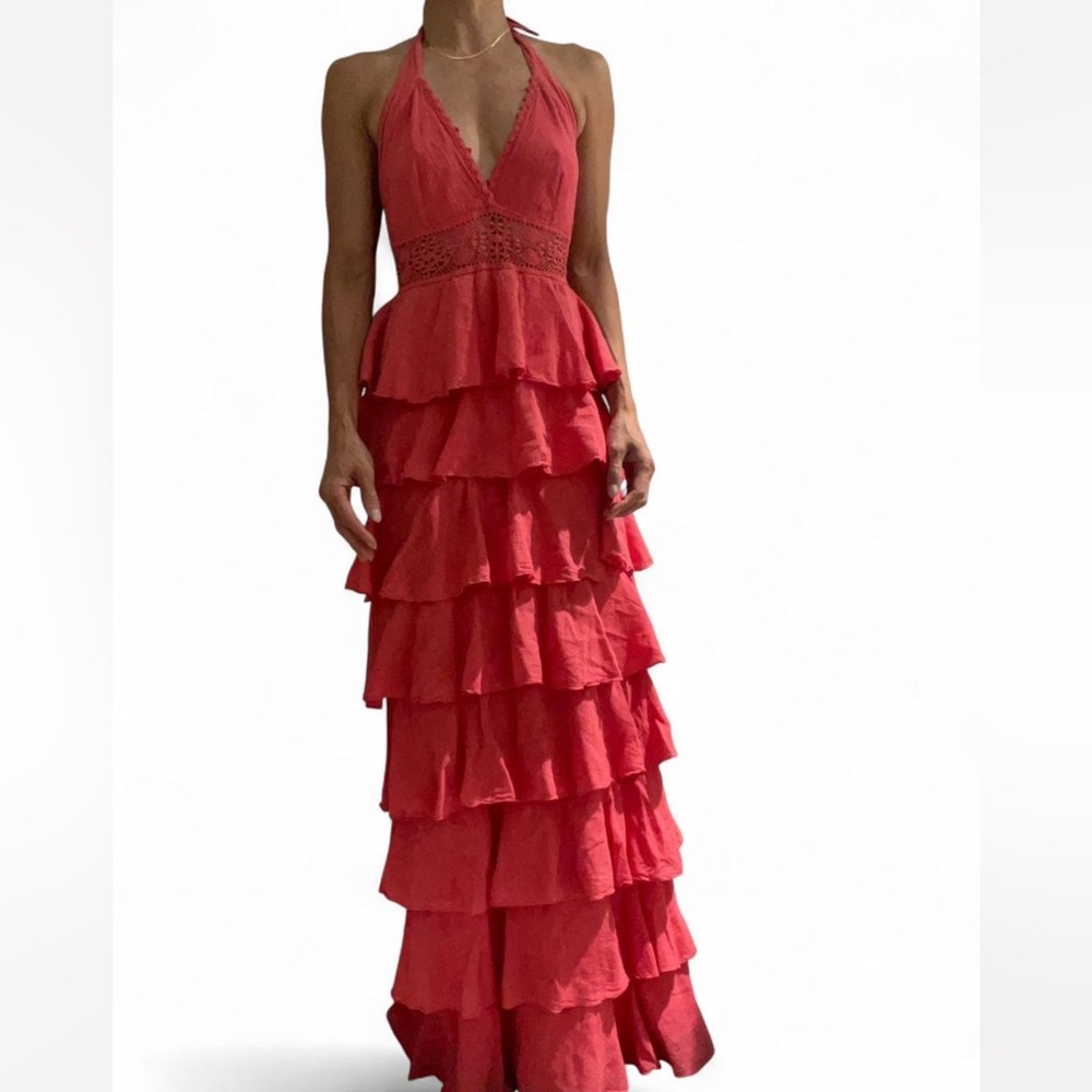 Pink V-Neck Ruffle Dress - Picture 2 of 7